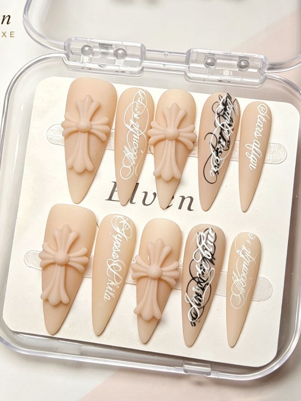 Gothic Y2K Long Stiletto Press On Nails | Matte Nude 3D Cross Cursive Script